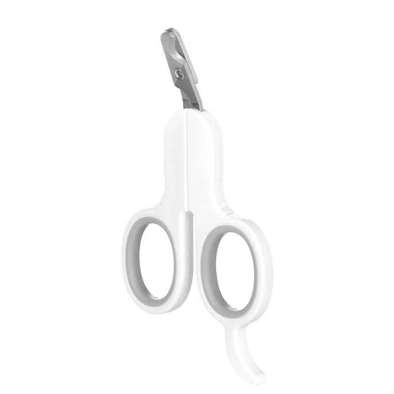 Professional grey and pink pet nail clippers with curved tips and rubber-coated handle