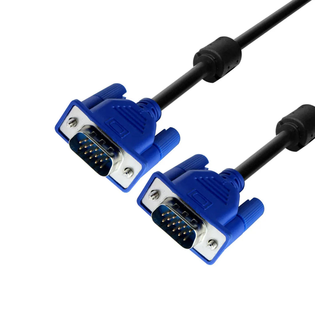 Black VGA cable with blue moulded heads and nickel-plated terminals for computer to monitor connections