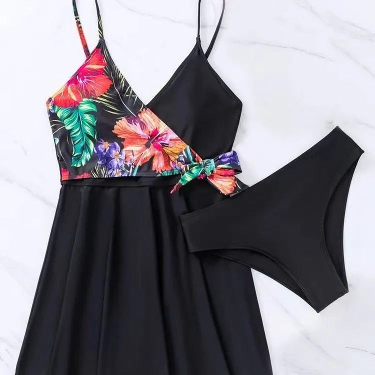 Women's black high waist bikini briefs with printed split design for swimming and sports