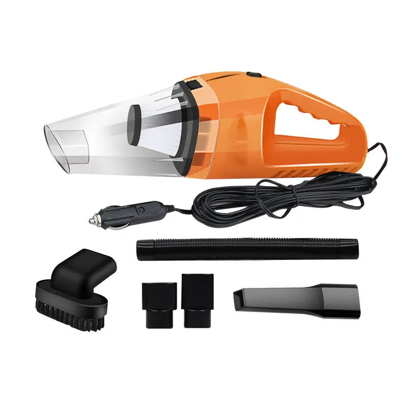 Orange, black, and blue coloured 12V portable handheld car vacuum cleaner with nozzles.