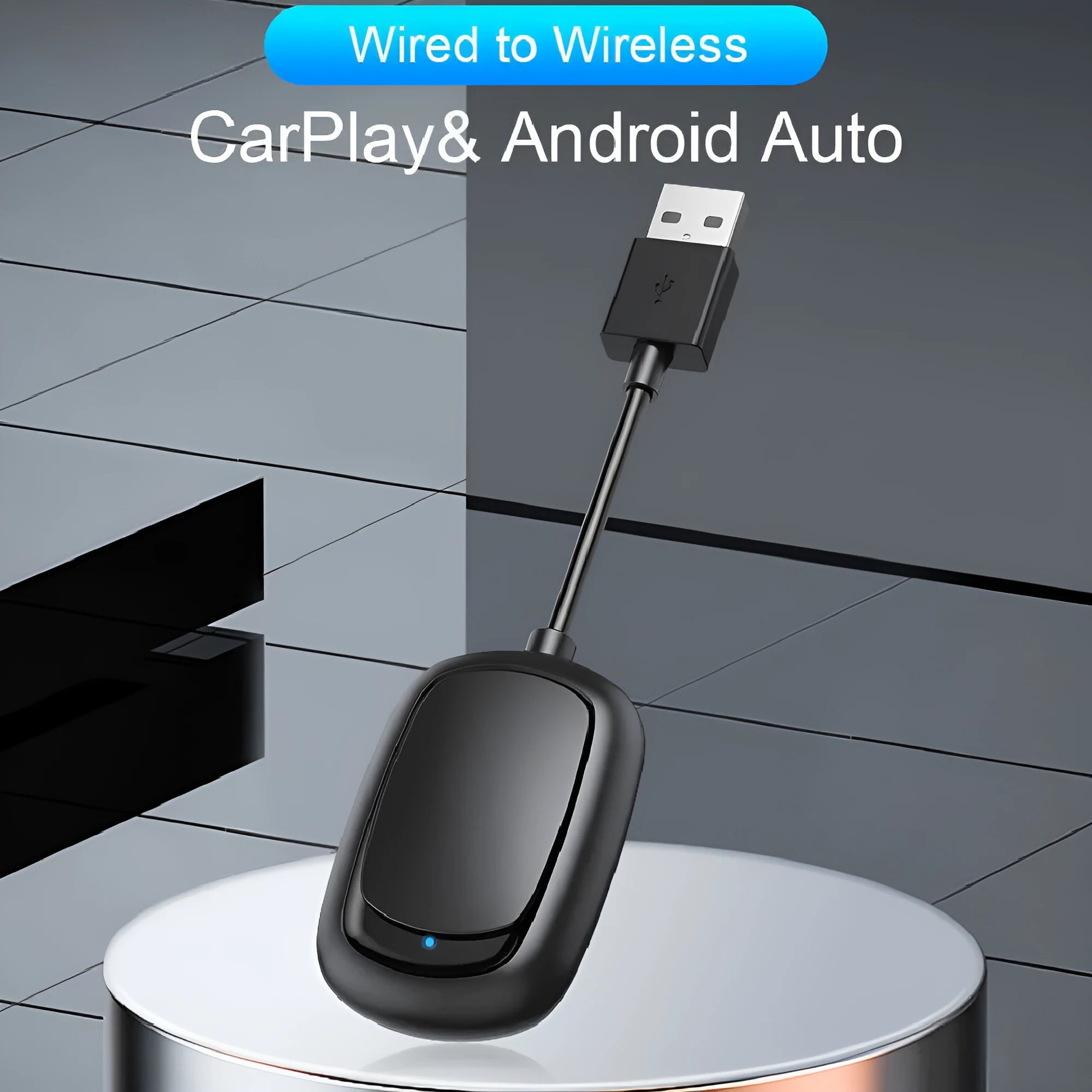 Wireless CarPlay Android Auto 2-in-1 adapter box with USB connection and ABS plastic housing