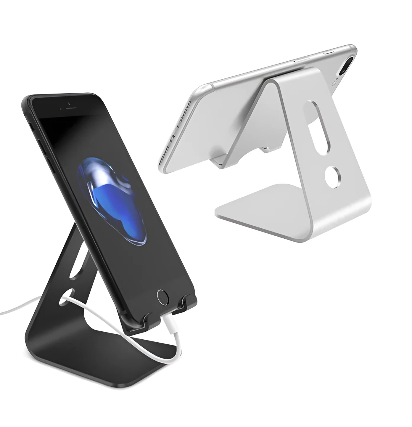 Aluminium alloy universal phone and tablet stand in silver colour on a desk