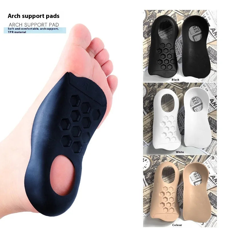 TPR varus correction arch support insoles in white, black and skin colours showing arch design