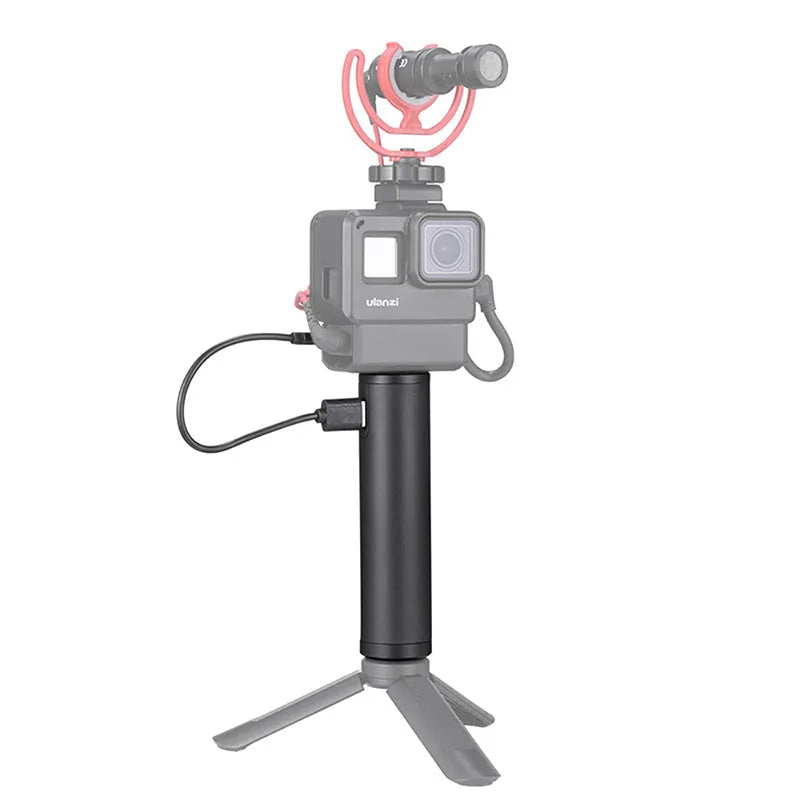 Black aluminium alloy charging handle power bank measuring 12.5cm with 6800mAh capacity