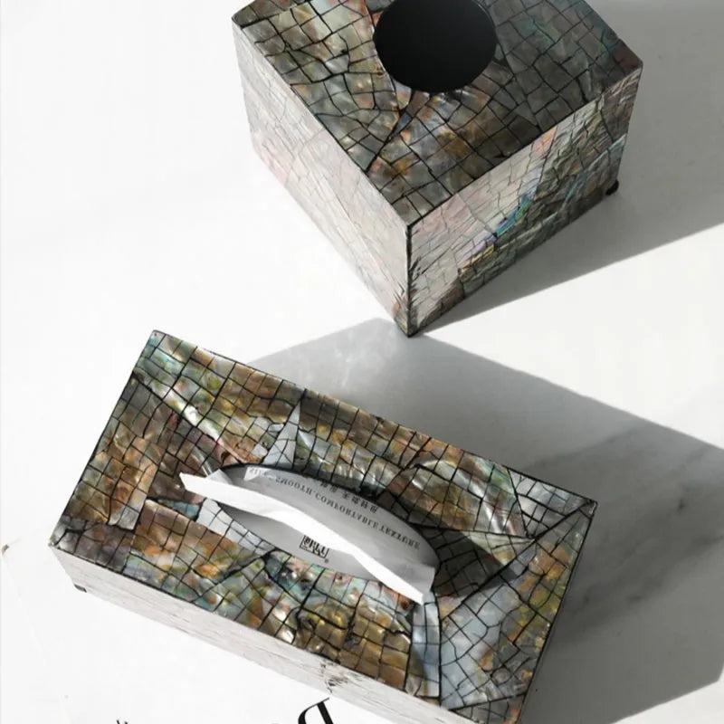 Natural shell decorative storage box in black with modern design for tissue organisation