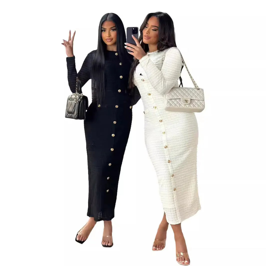 Black and white retro slim fit long-sleeved knitted dress with button front