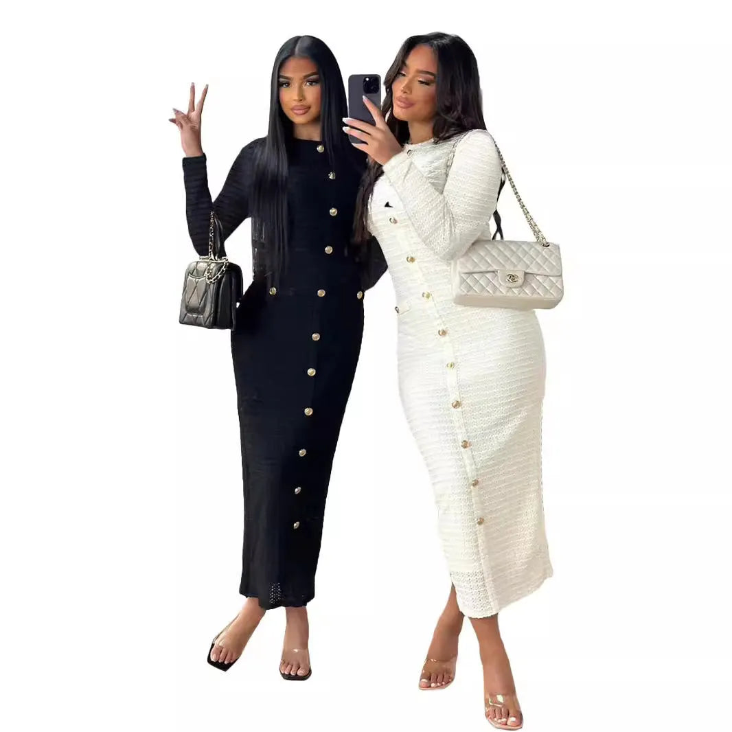 Black and white retro slim fit long-sleeved knitted dress with button front