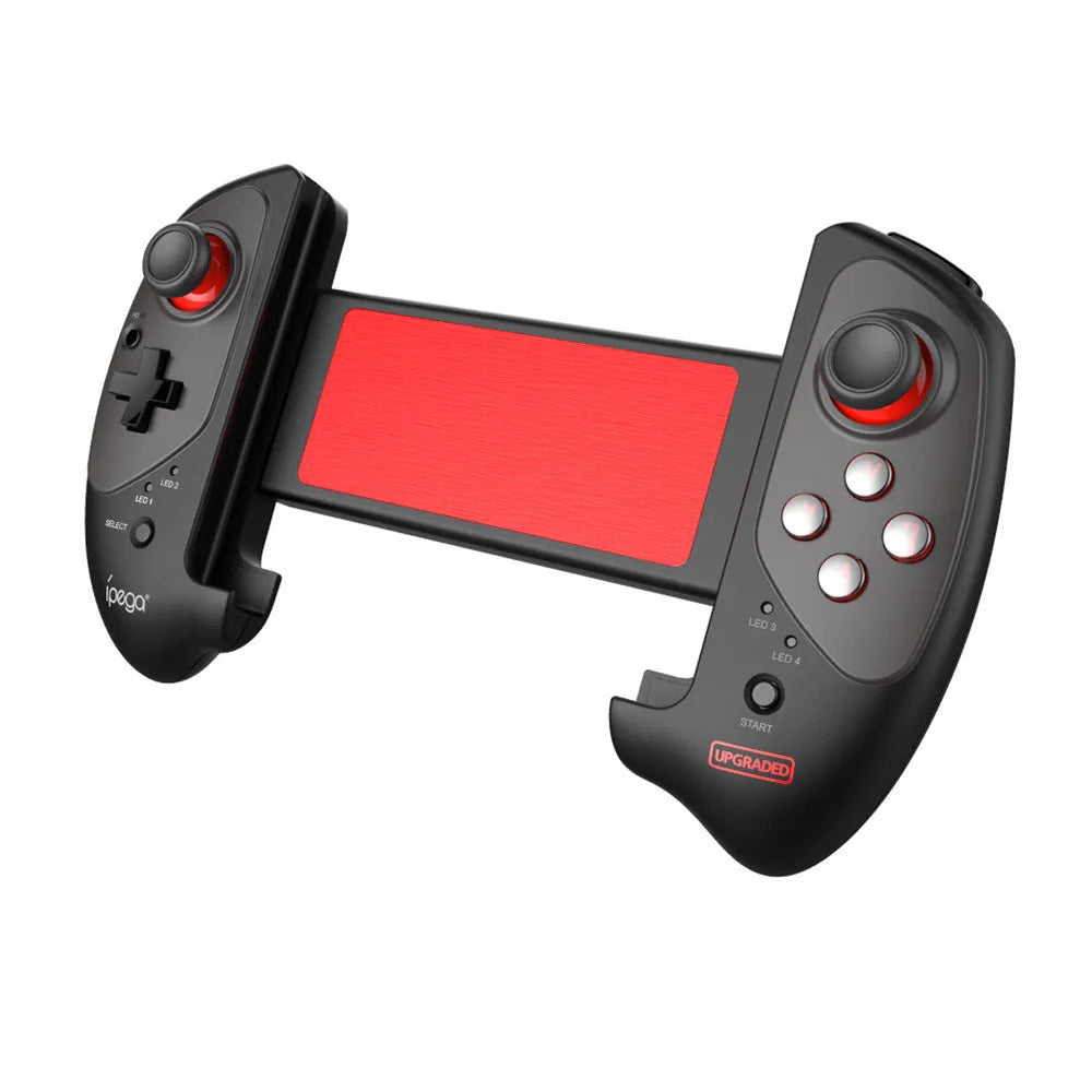 Red telescopic gamepad controller extended with smartphone, showing USB cable and Bluetooth connectivity