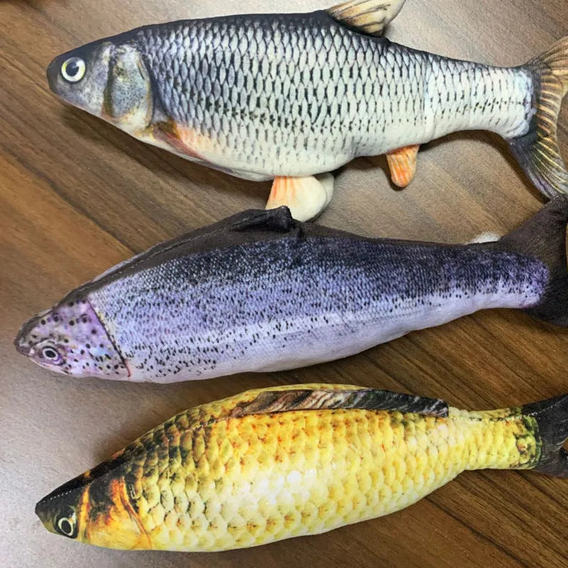 Multicolour 30cm long electronic jumping fish cat toy with USB cable.