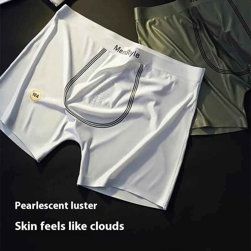 Satin ice silk seamless men's boxers in flesh color with mid waist elastic band