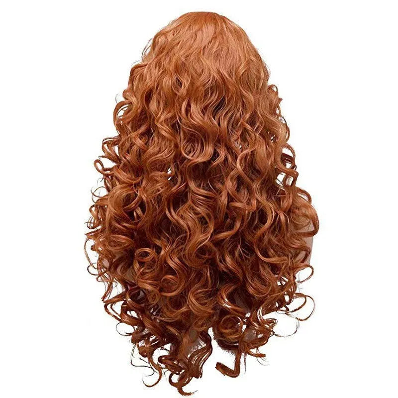 Brown long wavy curly synthetic wig on a wig head, for cosplay or Halloween.