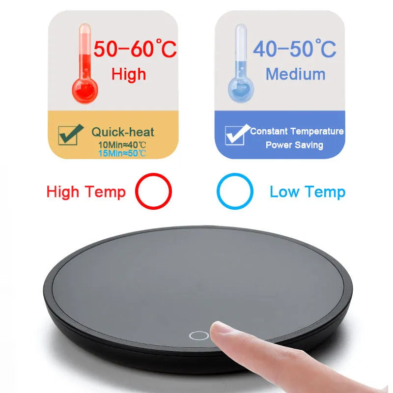 Black coffee mug warmer with dual temperature buttons and 12cm tempered glass heating surface