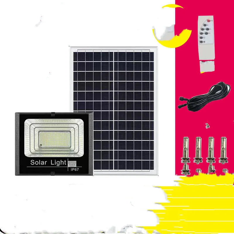Black solar powered LED flood light for outdoor garden and security lighting with remote control