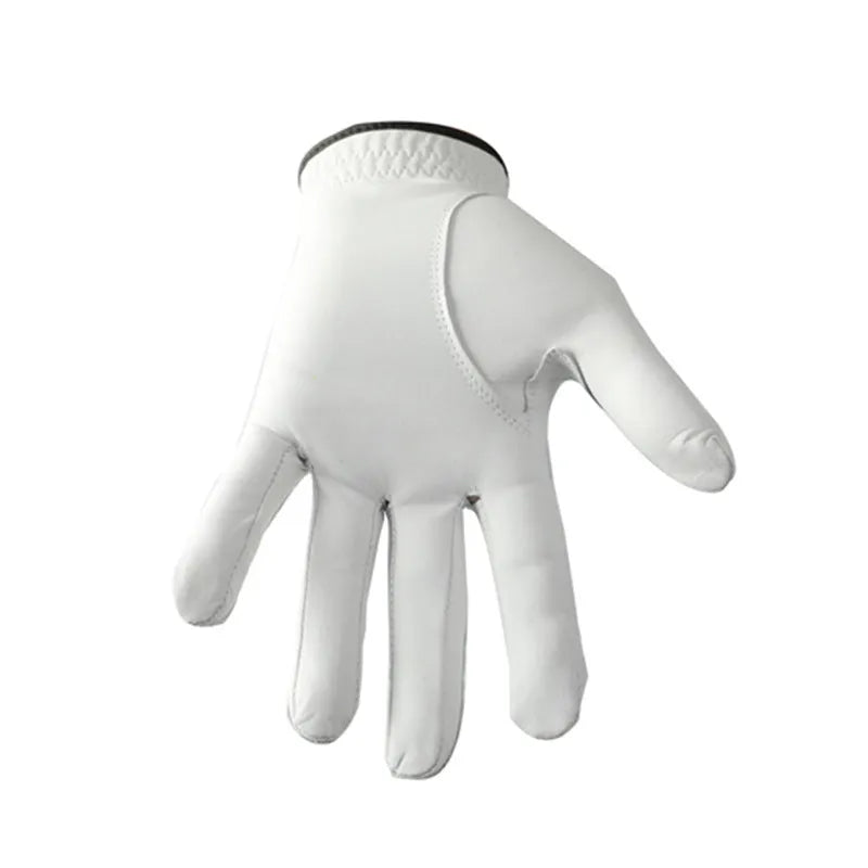 White half sheepskin men's golf glove laid flat, showing non-slip palm.