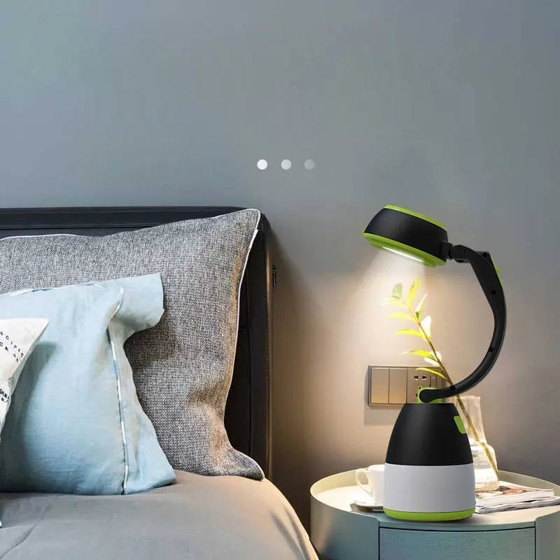 Black Green multifunctional LED camping lamp with USB port, shown in folded position.