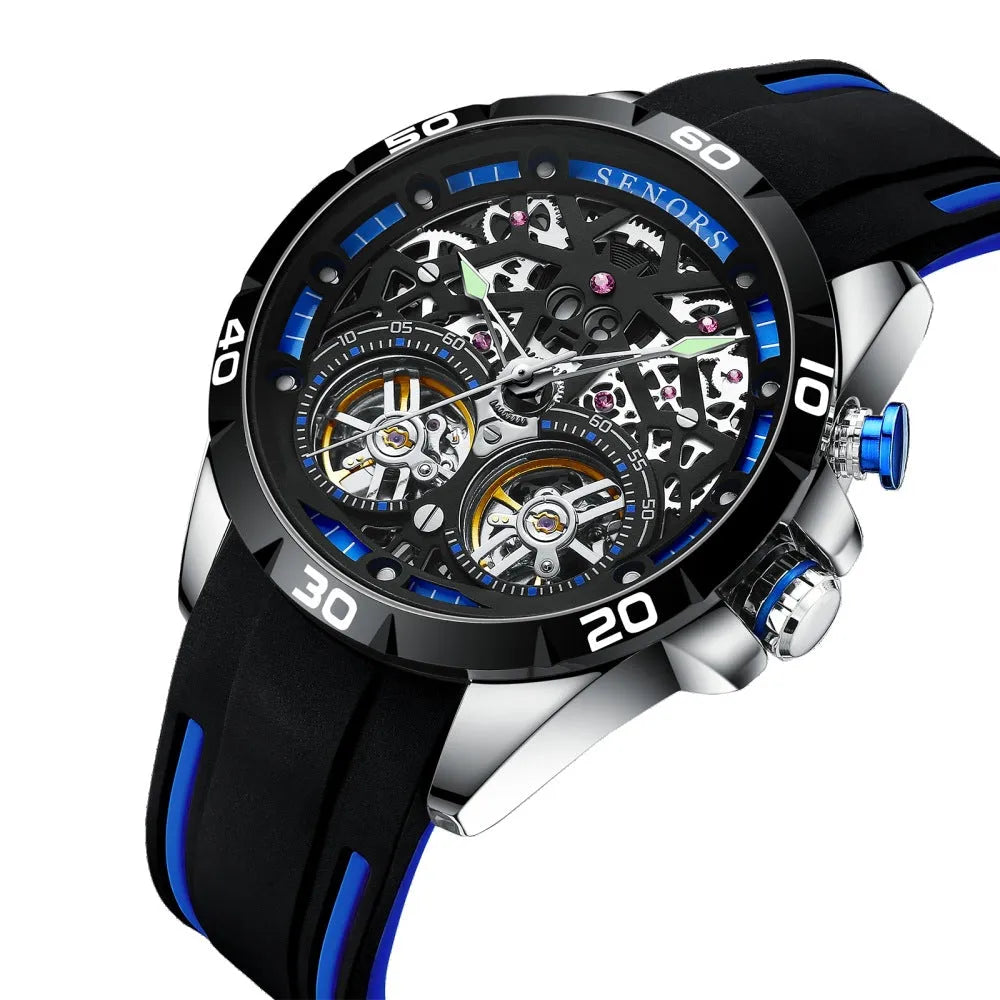 Men's automatic mechanical watch with luminous hollow dial and 14mm case thickness