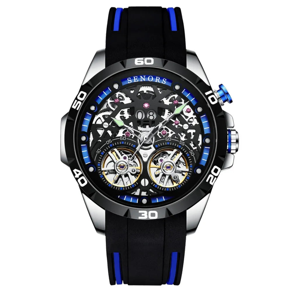 Men's automatic mechanical watch with luminous hollow dial and 14mm case thickness