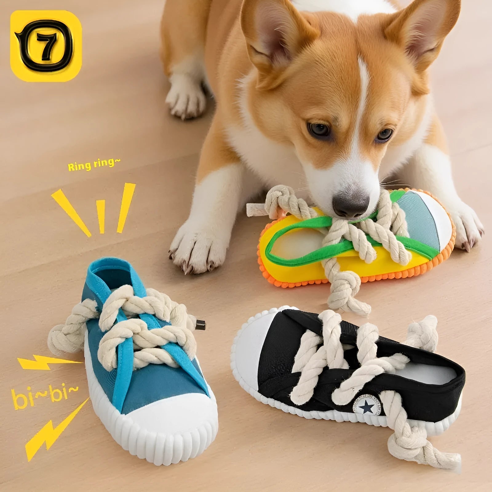 Plastic dog slippers chew toy with squeaker in yellow, black or blue colours