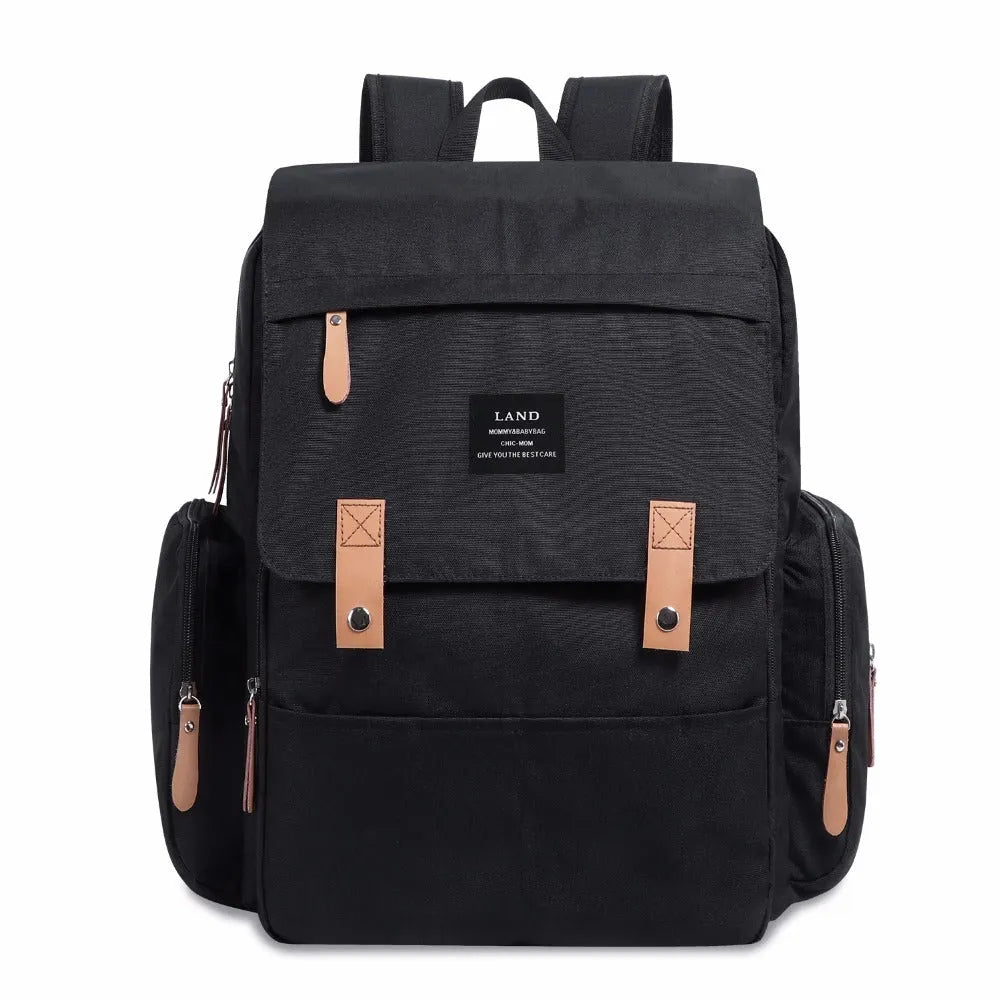 Land Mommy MPB86 grey diaper backpack with changing mat, showing main compartment and straps.