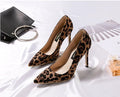 Leopard print women's pumps with 10cm stiletto heel pointed toe slip-on flock upper