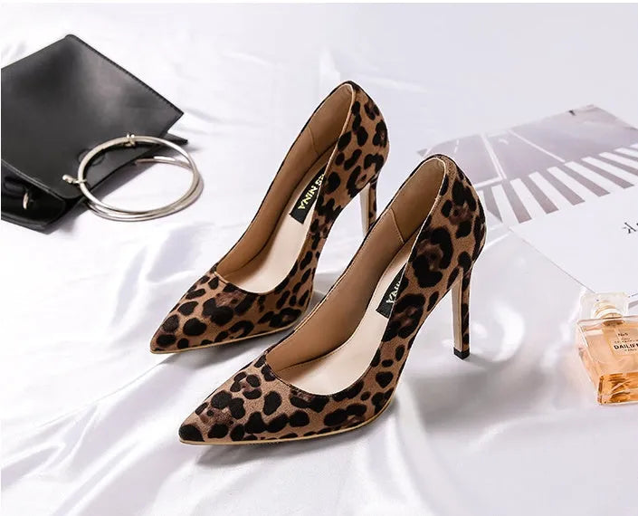 Leopard print women's pumps with 10cm stiletto heel pointed toe slip-on flock upper