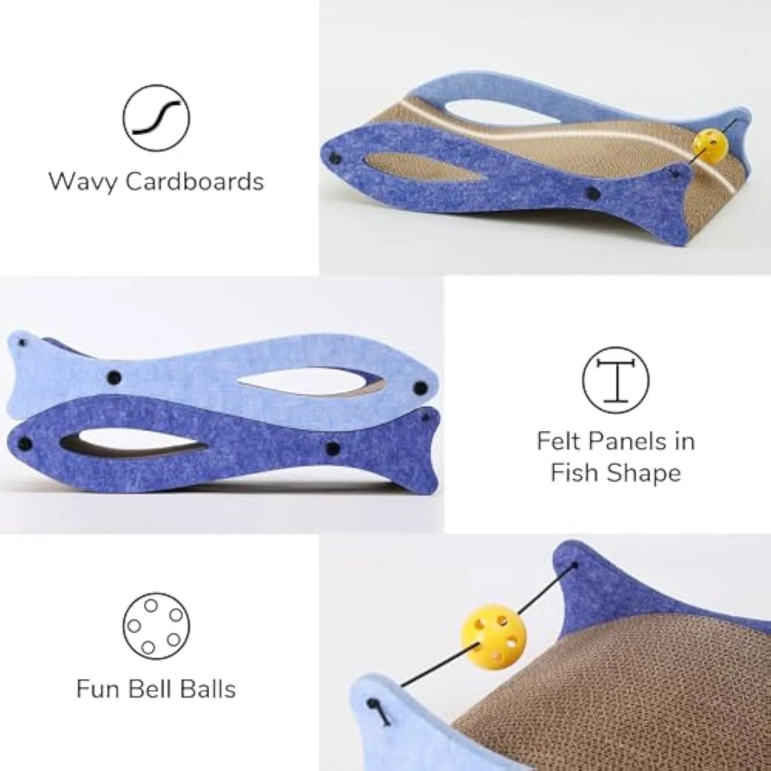 Blue fish-shaped corrugated cardboard cat scratcher lounge with a dangling bell ball toy.