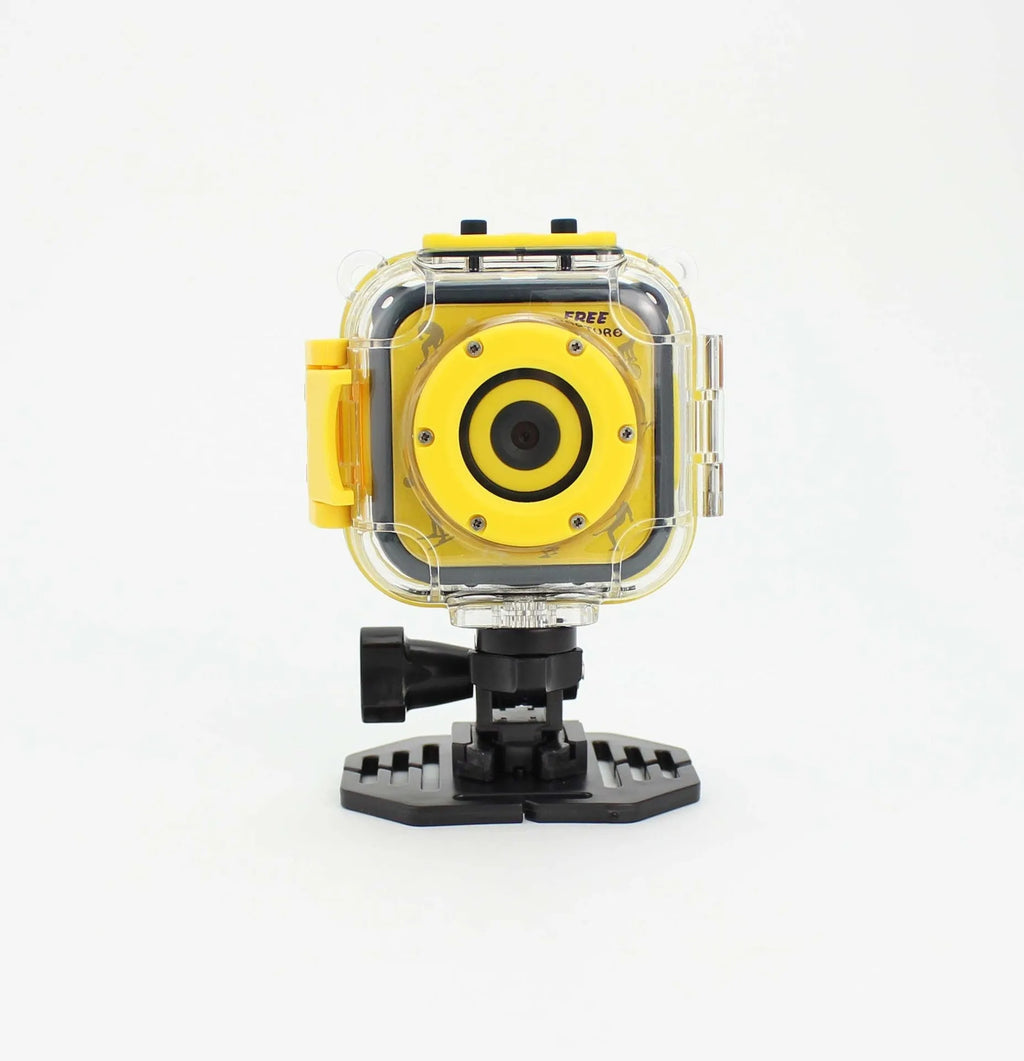 Yellow children's waterproof sports camera with LCD screen showing HD video recording capability