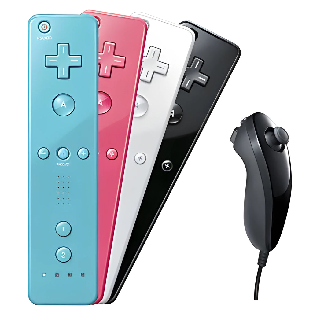 Wii console left and right gamepad controllers with rubber sleeve on right unit and hand rope