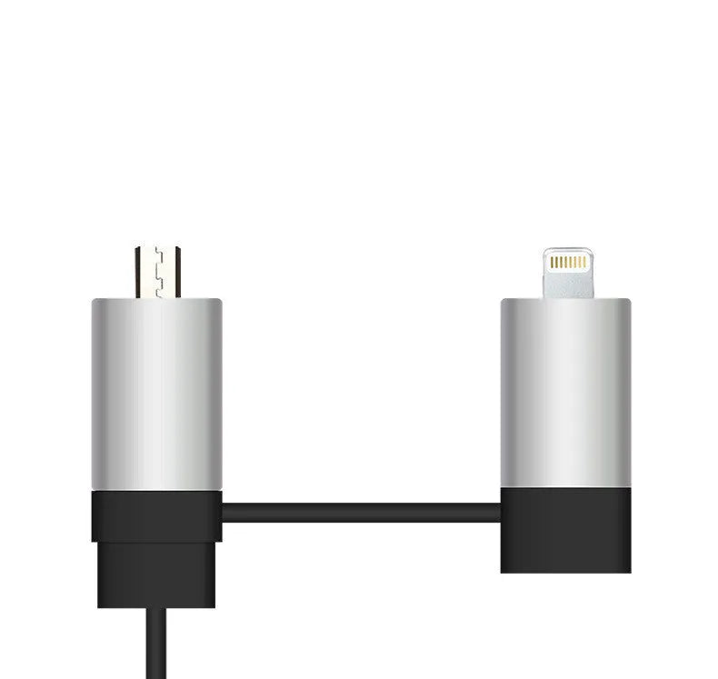 2 in 1 dual USB retractable car charger in black and gold colour showing USB ports and retractable cable