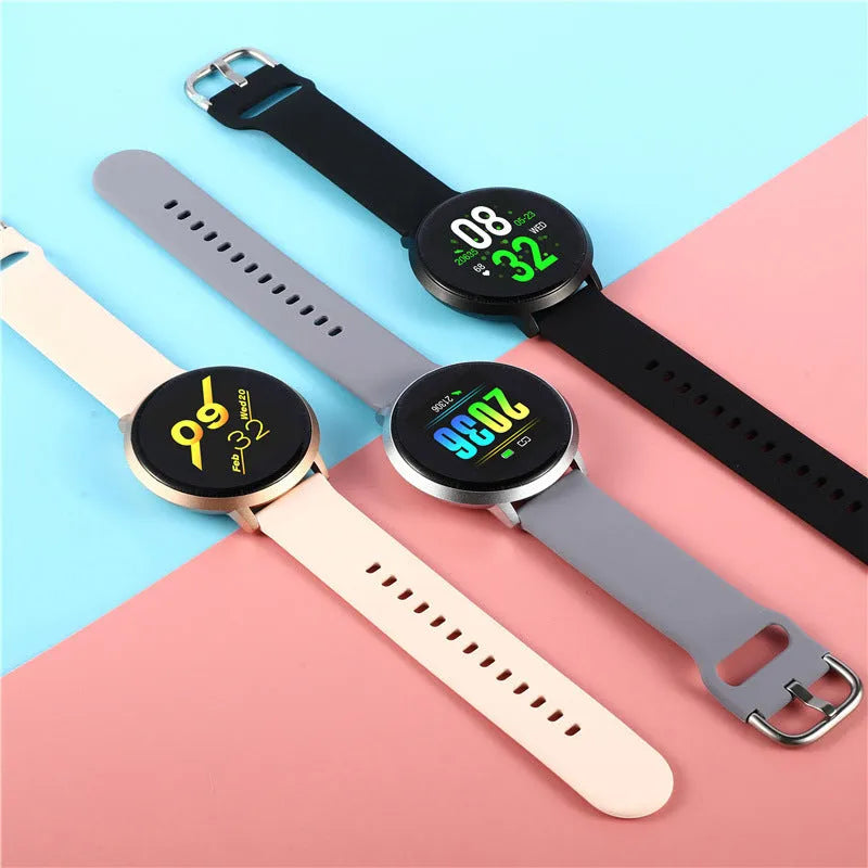 Black smart health bracelet with 1.3-inch screen on silicone wrist strap showing fitness metrics display