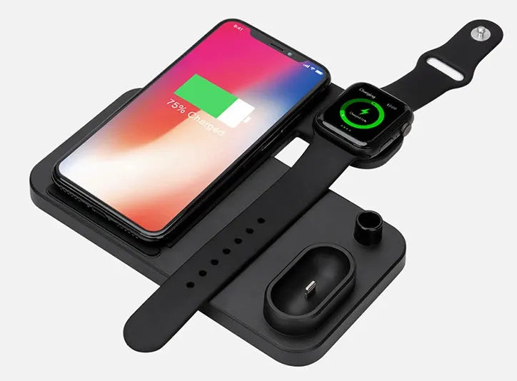 4-in-1 wireless charging station with adjustable magnetic stand charging iPhone, Apple Watch, and AirPods