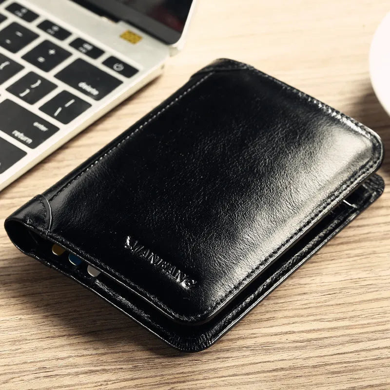 Men's leather wallet open showing photo window, card slots, coin pocket, and banknote compartment.