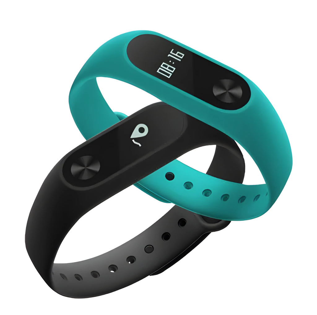 Xiaomi Mi Band 2 black fitness tracker on wrist showing OLED screen with heart rate data