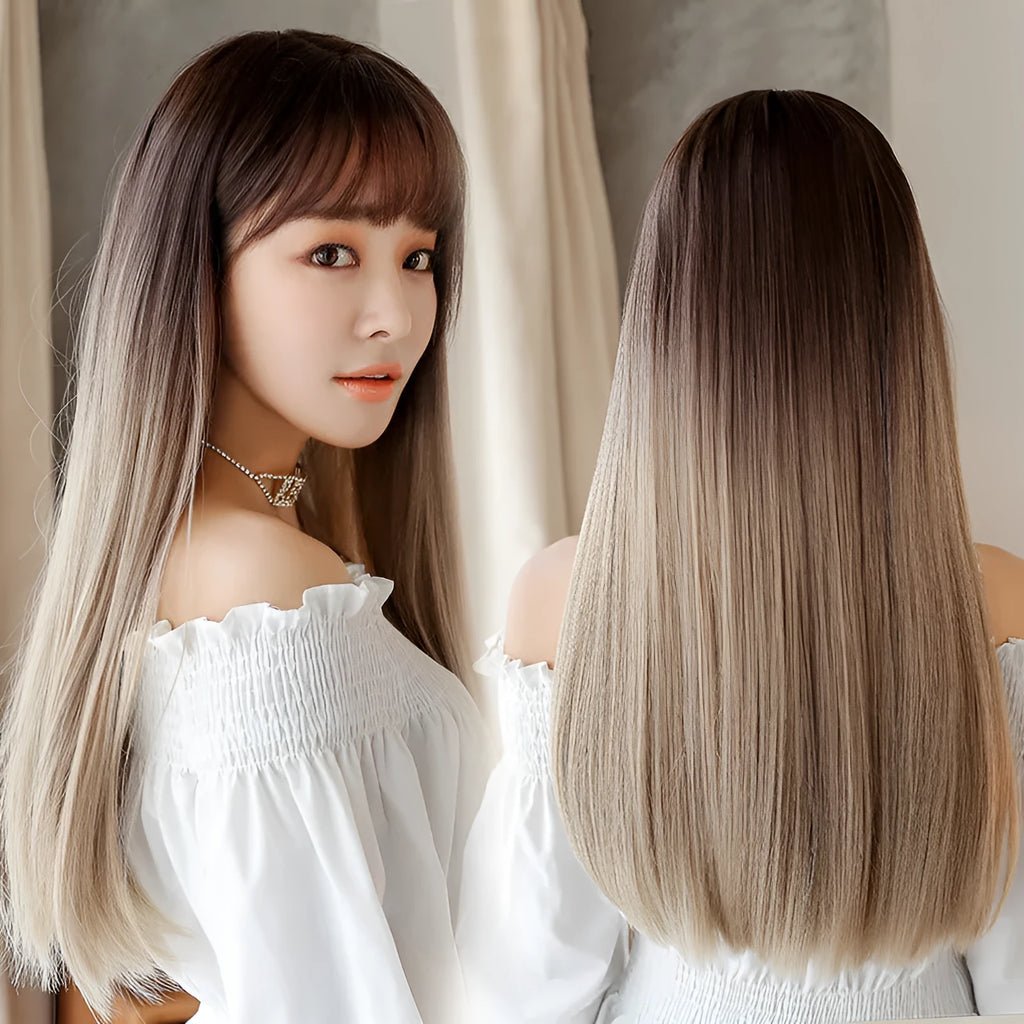 Long straight chemical fibre wig with black top net in pink purple three-colour gradient