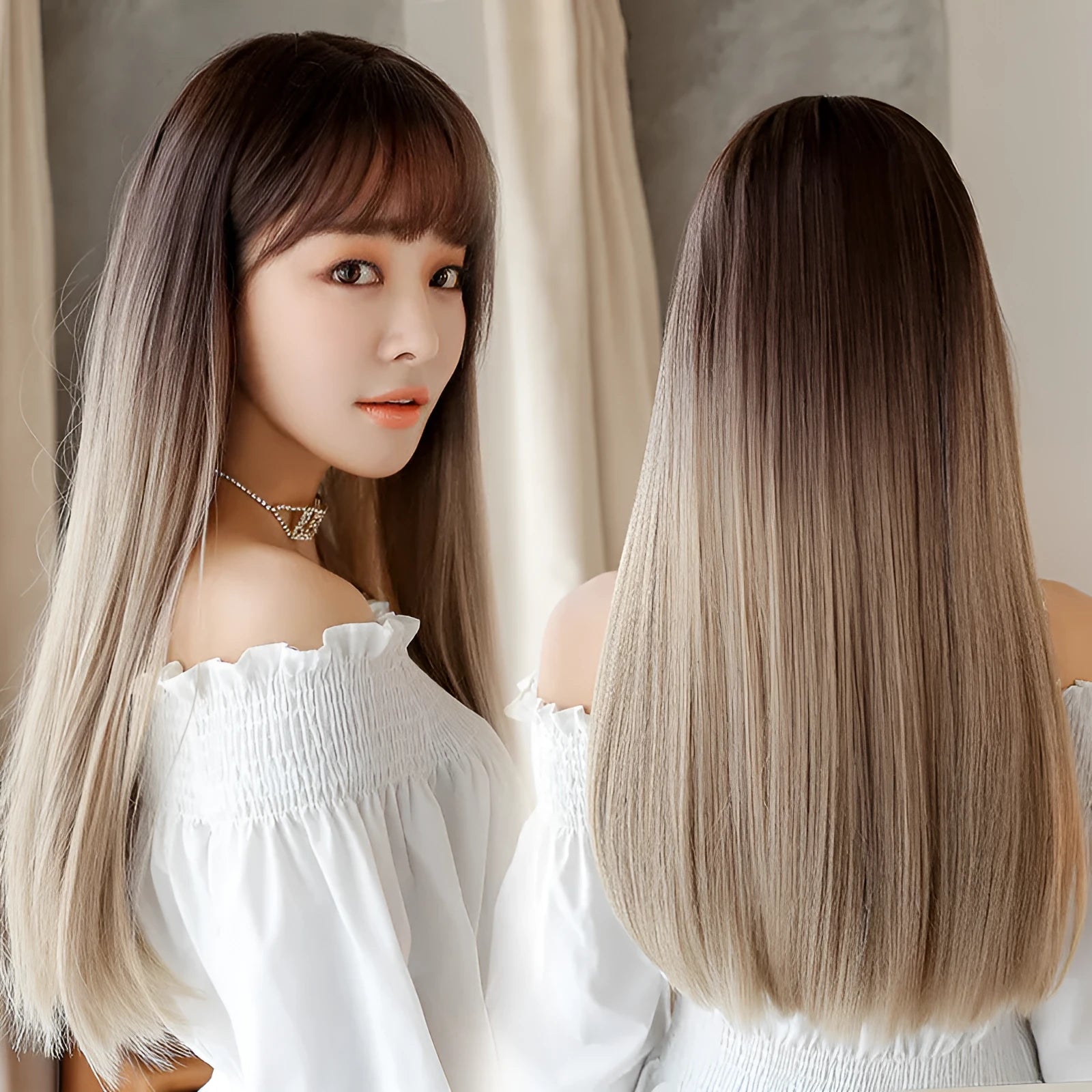 Long straight chemical fibre wig with black top net in pink purple three-colour gradient