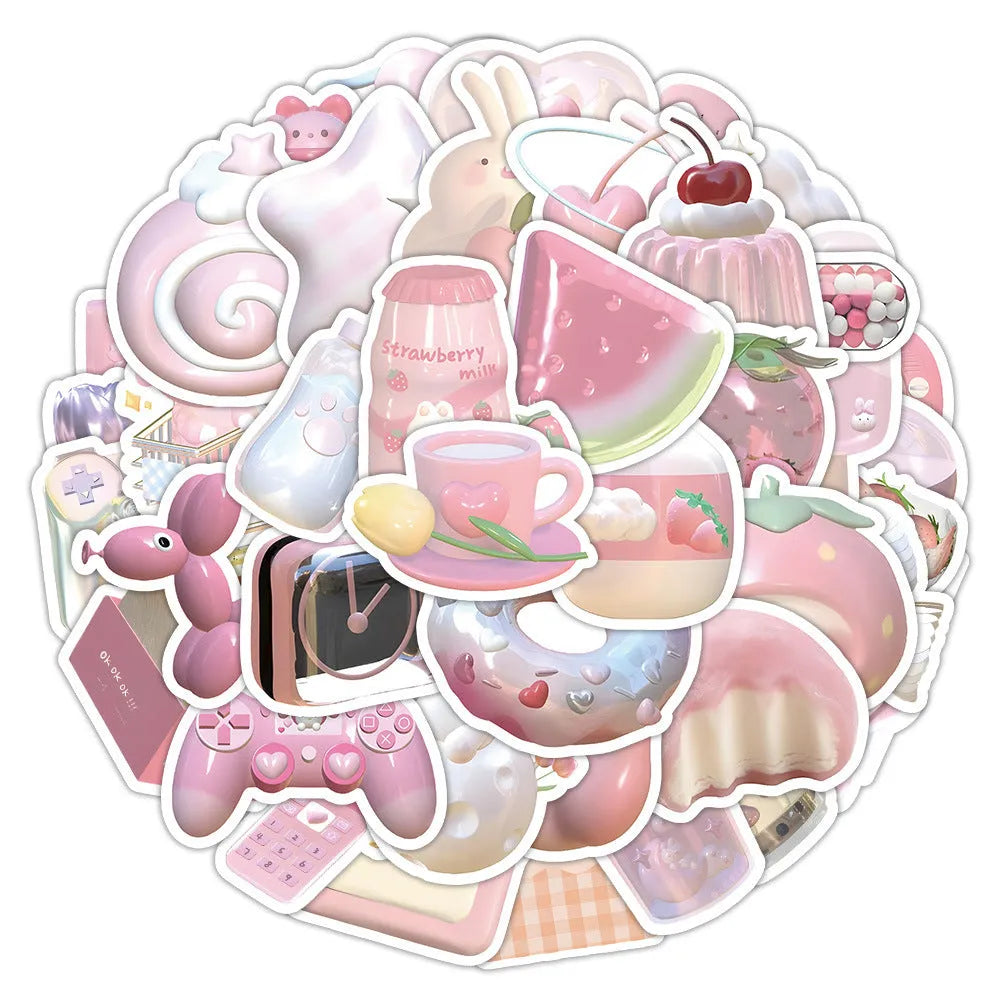 Pack of pink girl heart shaped 3D decorative stickers in a cute style on a light background.