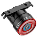 Black aluminium alloy smart brake sensing USB rechargeable bicycle taillight showing compact design.