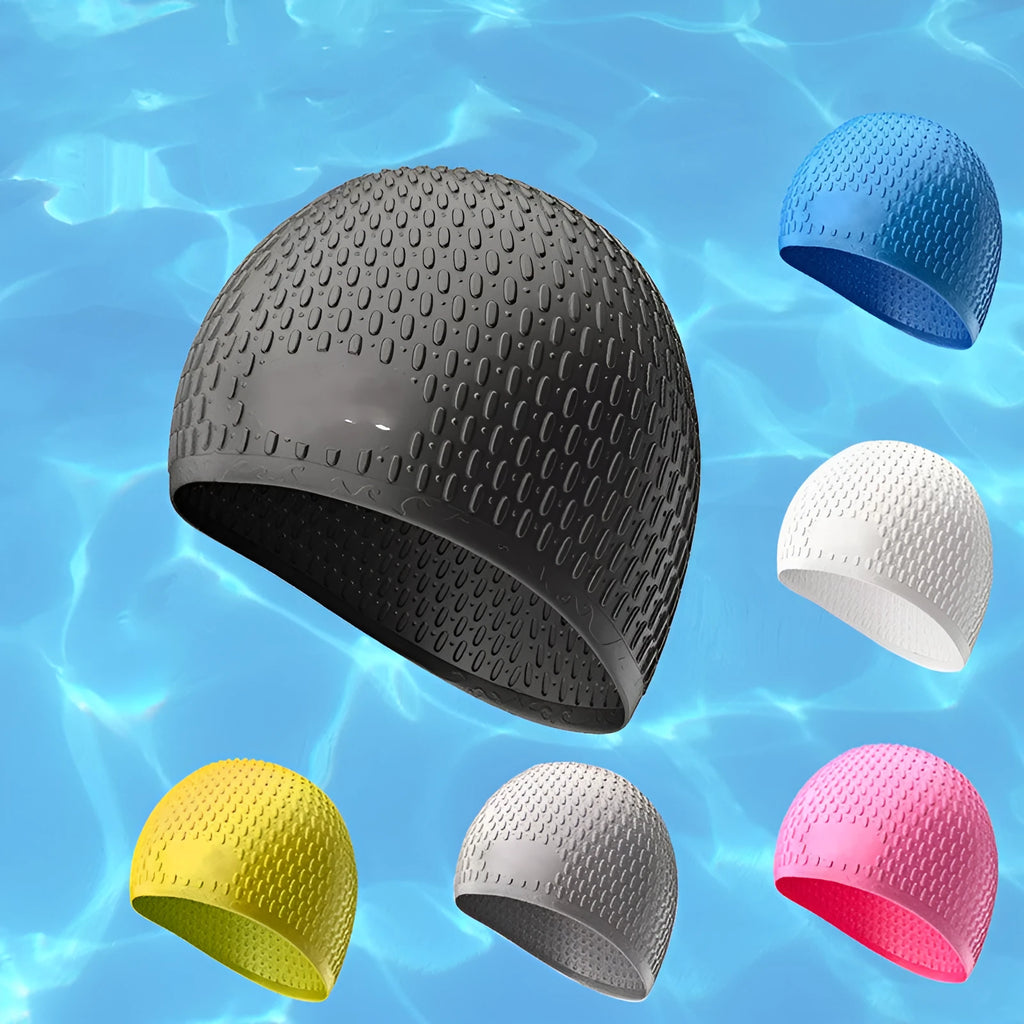Adult silicone swimming cap in solid colours: white, black, yellow, grey, blue, purple, pink, Tiffany Blue, Matcha Green.