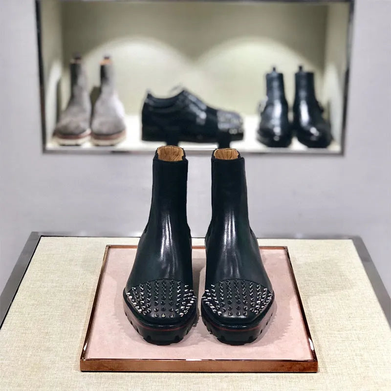 High top leather business casual shoes in black and black-orange colour options showing cowhide upper construction