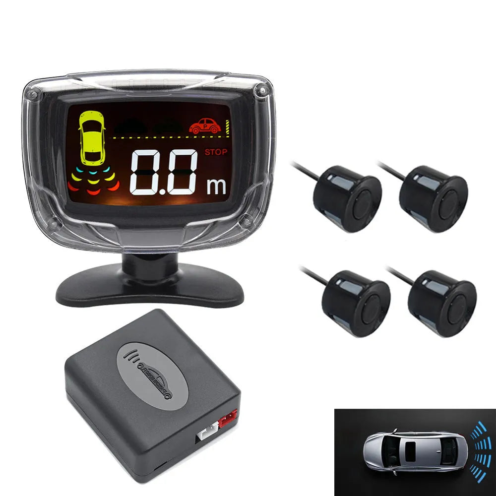 Wireless vehicle reversing sensor system with LED digital display and four ultrasonic probes