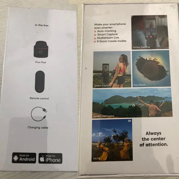 Matte black PIVO automated face tracking and rotating mount holding a smartphone