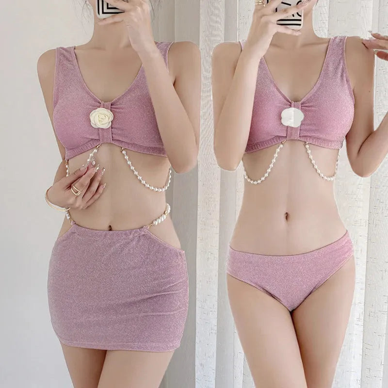 Women's black or pink three-piece polyester bikini swimsuit with brief bottoms
