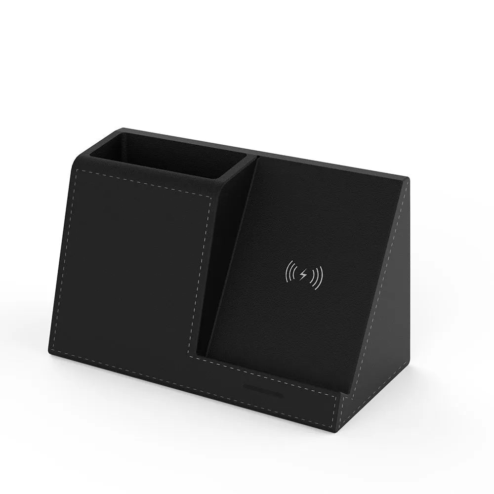 Black leather desk organiser with wireless charging top and pen holder compartment