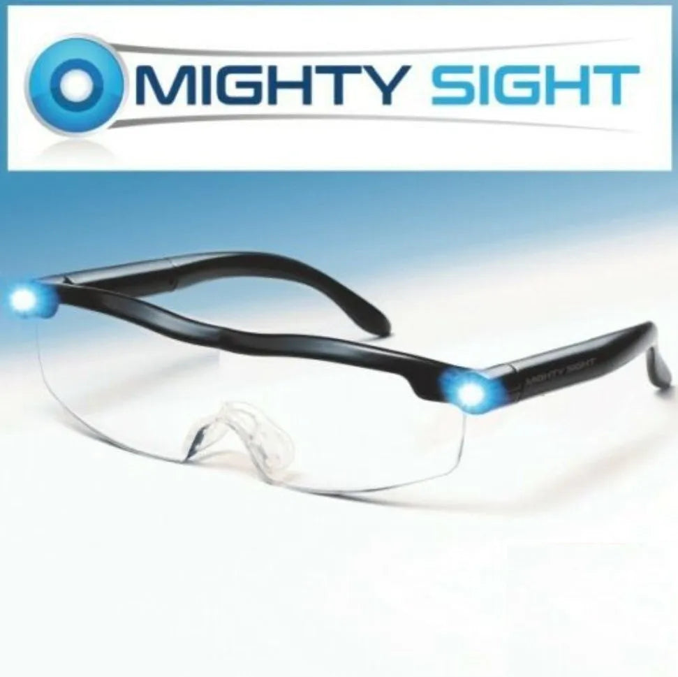 Transparent black USB LED reading glasses with scheduled lighting mode on desk