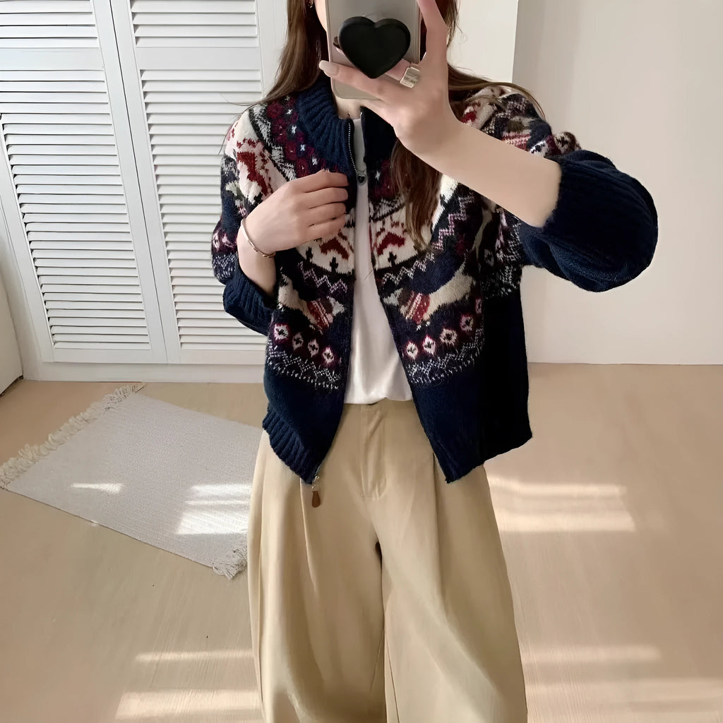 Ethnic style heavy industry jacquard pullover sweater with 3D effect pattern in beige apricot colour