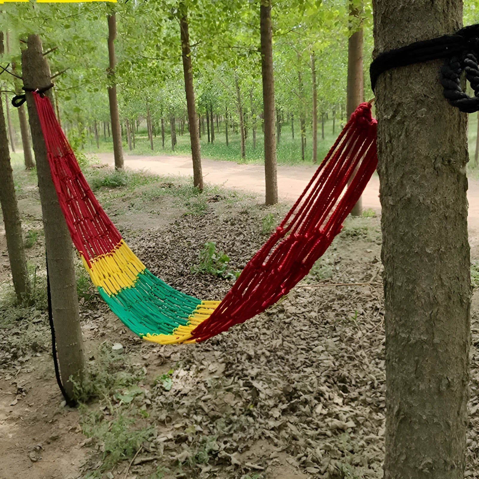 Outdoor nylon rope mesh hammock hanging between two trees showing mesh pattern and included tying ropes