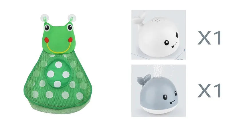 Electric whale bath toy with automatic water spray and flashing lights on a base