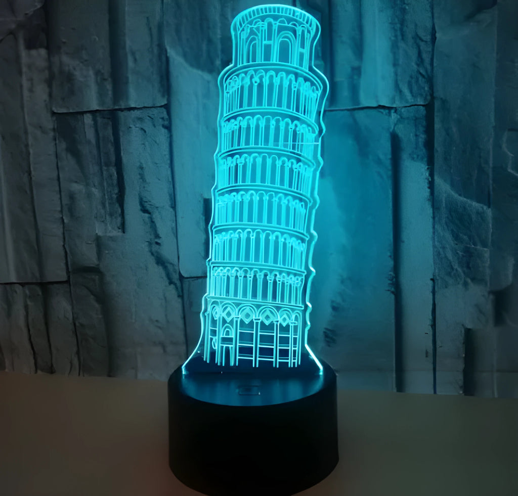 Leaning Tower of Pisa 3D acrylic LED nightlight on black base with multi-coloured illumination.