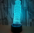 Leaning Tower of Pisa 3D acrylic LED nightlight on black base with multi-coloured illumination.