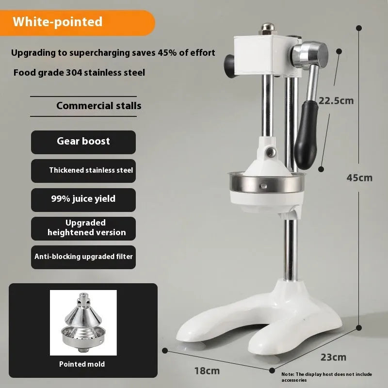 Vertical stainless steel manual citrus juicer on a kitchen countertop.